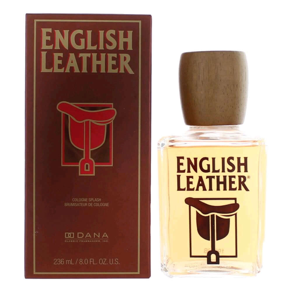 English Leather by Dana, 8 oz Cologne Splash for Men in a glass bottle with wooden cap and box.