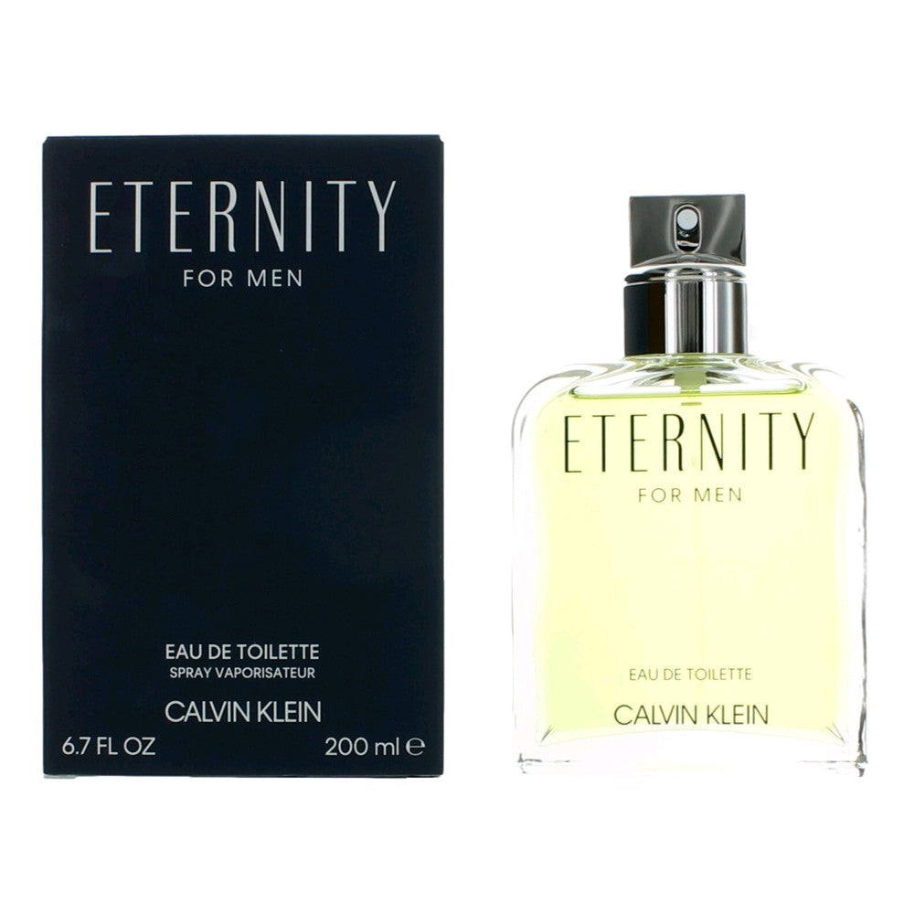 Eternity for Men eau de toilette spray bottle with matching box, clear glass and silver cap