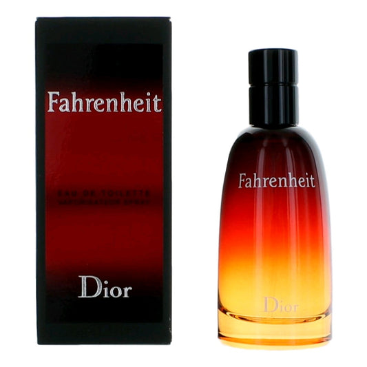 Fahrenheit men's EDT spray bottle with black cap, red-orange glass and matching box