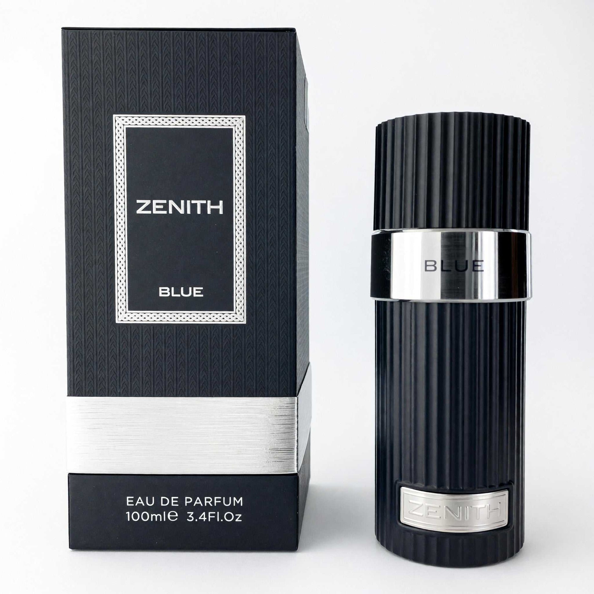 Men's blue EDP spray bottle with Zenith box, dark striped glass and silver cap