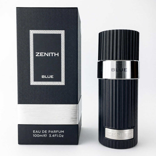 Men's blue EDP spray bottle with Zenith box, dark striped glass and silver cap