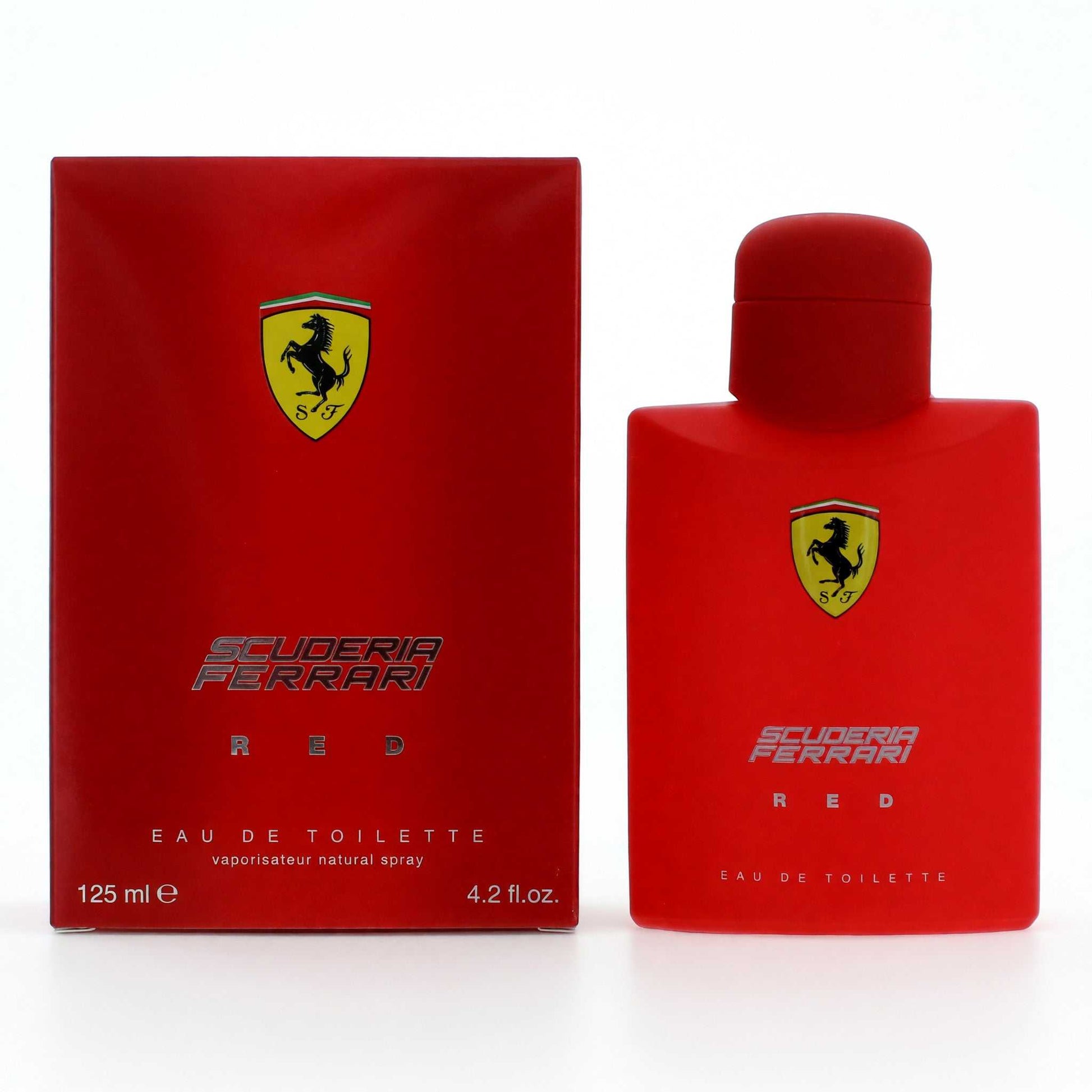 Red Scuderia Ferrari men's Eau de Toilette spray bottle with Ferrari shield, box