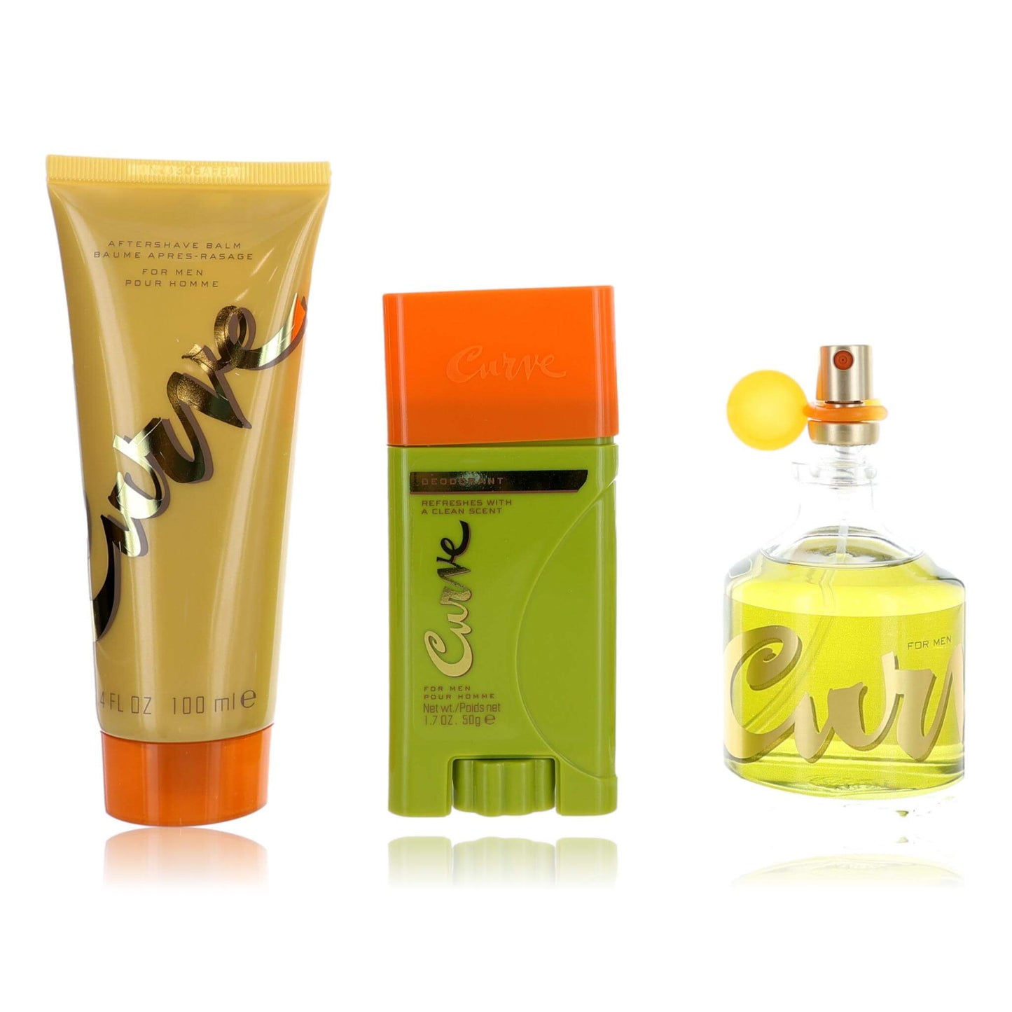 Men's Curve grooming gift set: gold tube, green container, yellow cologne bottle