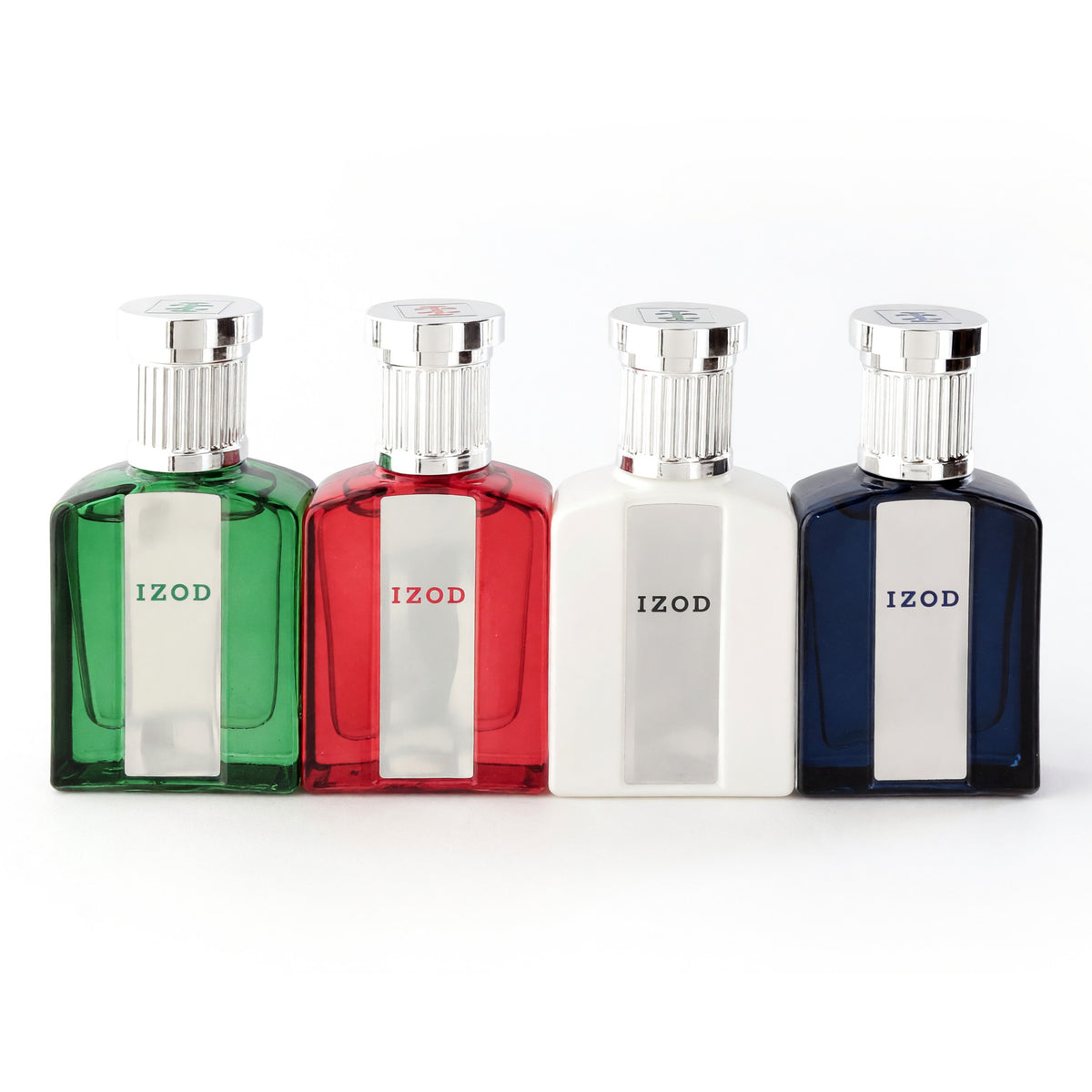 Izod men's 4-piece EDT variety set, four glass bottles with silver caps