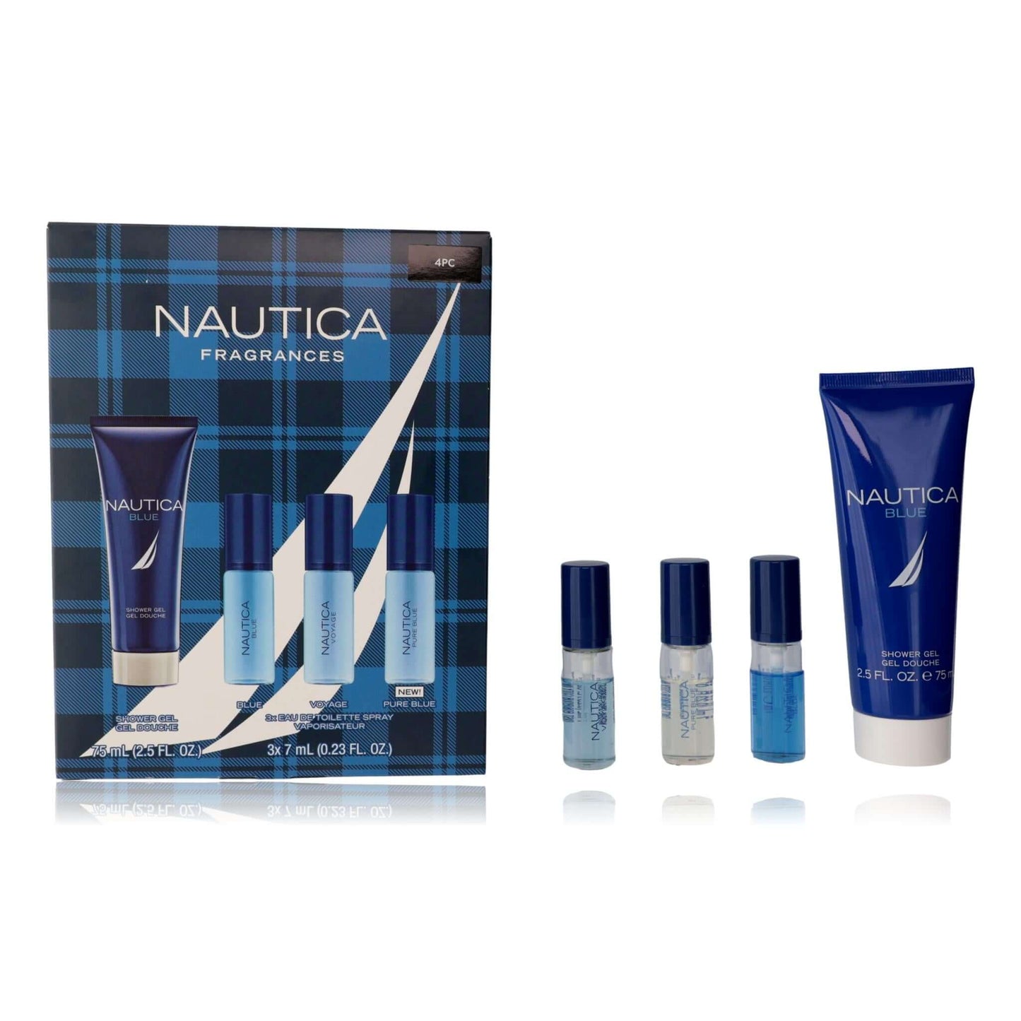 Men's 4-piece Nautica Blue fragrance set: spray bottles and lotion tube