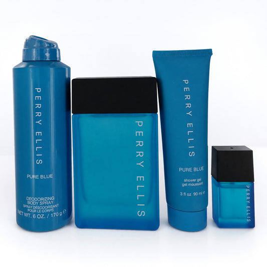 Men's Pure Blue fragrance gift set, blue bottles and tube with labels