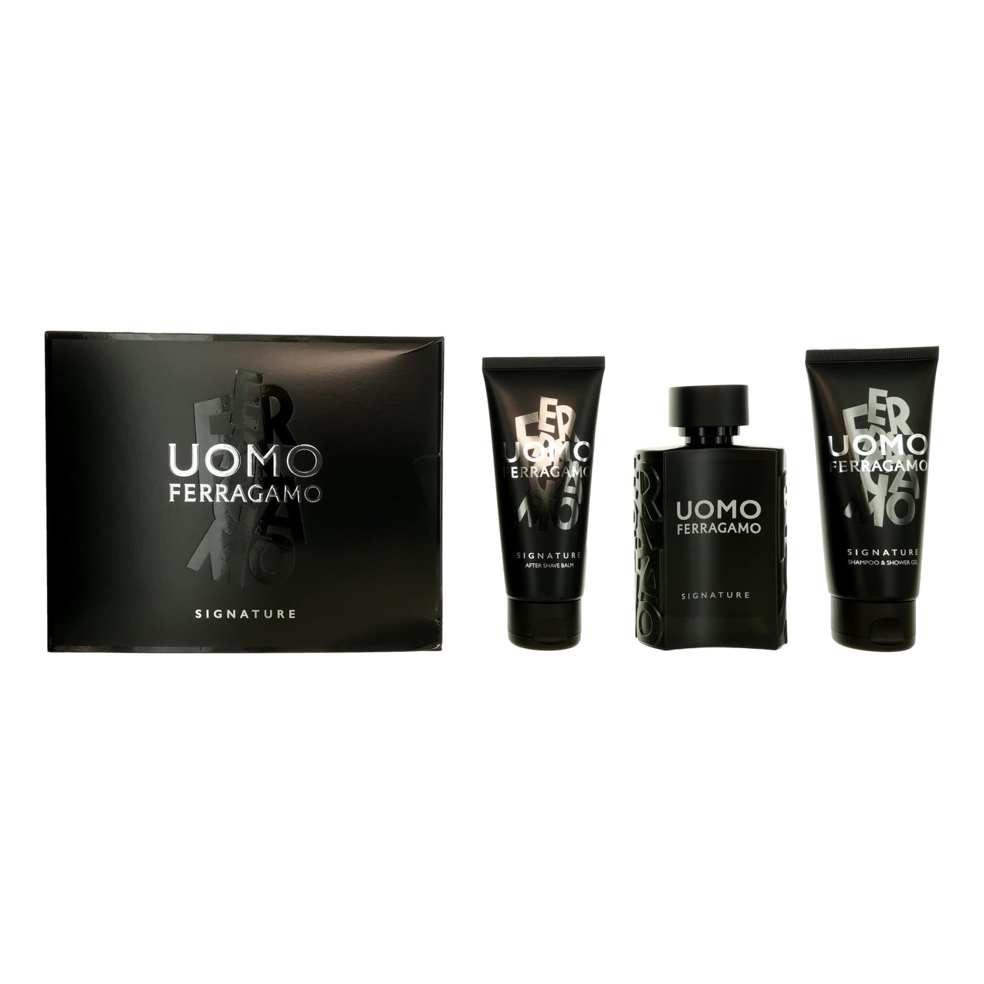 Uomo Signature men’s grooming set with box and three bottles