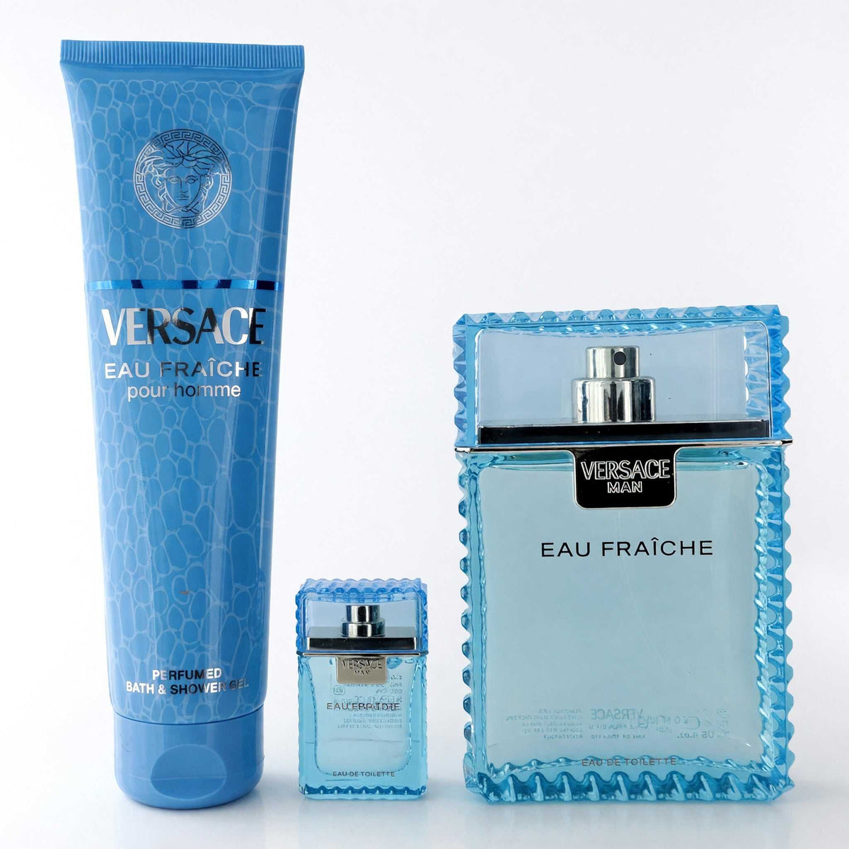 Versace Eau Fraiche 3-piece men’s set: blue body wash, spray bottle, and fragrance bottle