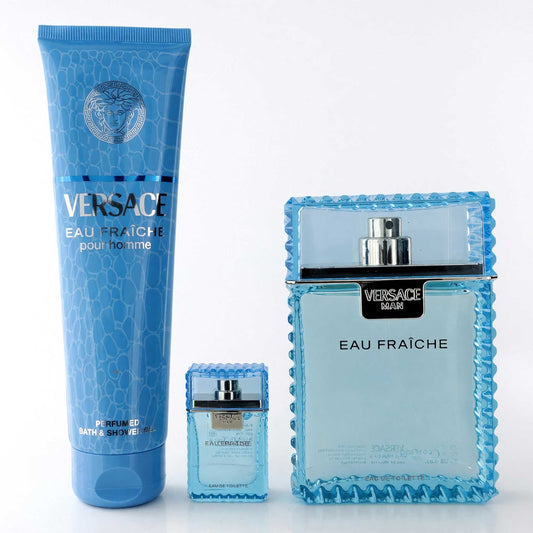 Versace Eau Fraiche 3-piece men’s set: blue body wash, spray bottle, and fragrance bottle