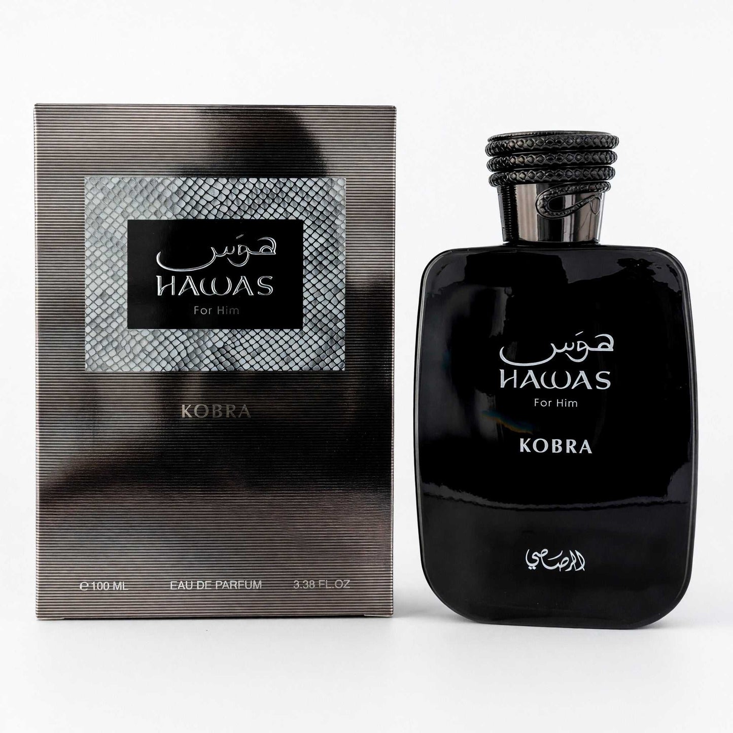 Hawas Kobra men's EDP spray: dark glass bottle with textured cap, shown with box