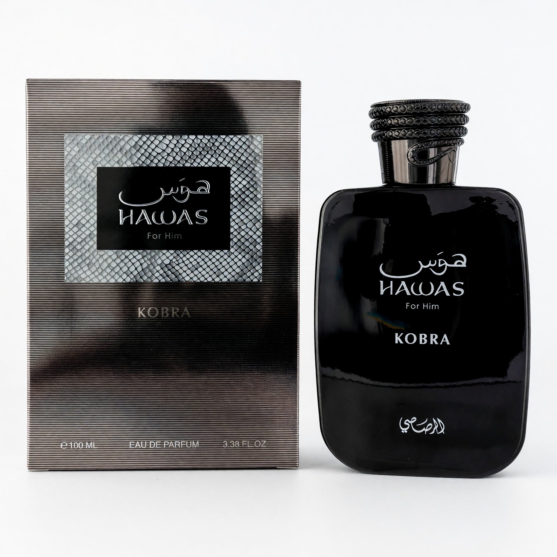 Hawas Kobra for Him eau de parfum spray bottle with textured box packaging