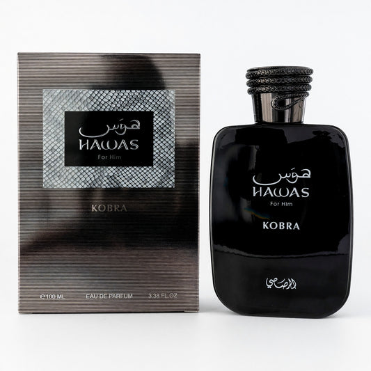 Hawas Kobra for Him eau de parfum spray bottle with textured box packaging