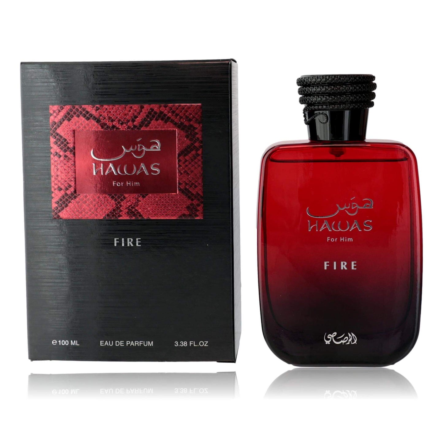 Hawas Fire by Rasasi, 3.3 oz EDP spray for Men in a red bottle with stylish packaging.