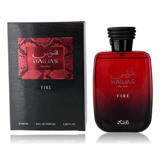 Hawas Fire by Rasasi, 3.3 oz EDP spray for Men in a red bottle with stylish packaging.