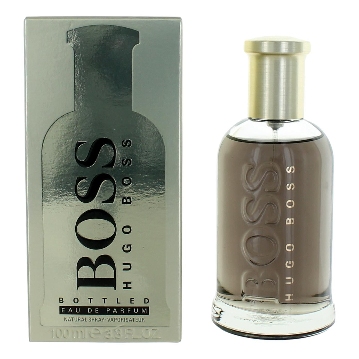 Boss Bottled by Hugo Boss men's EDP spray bottle with dark green label and gold cap
