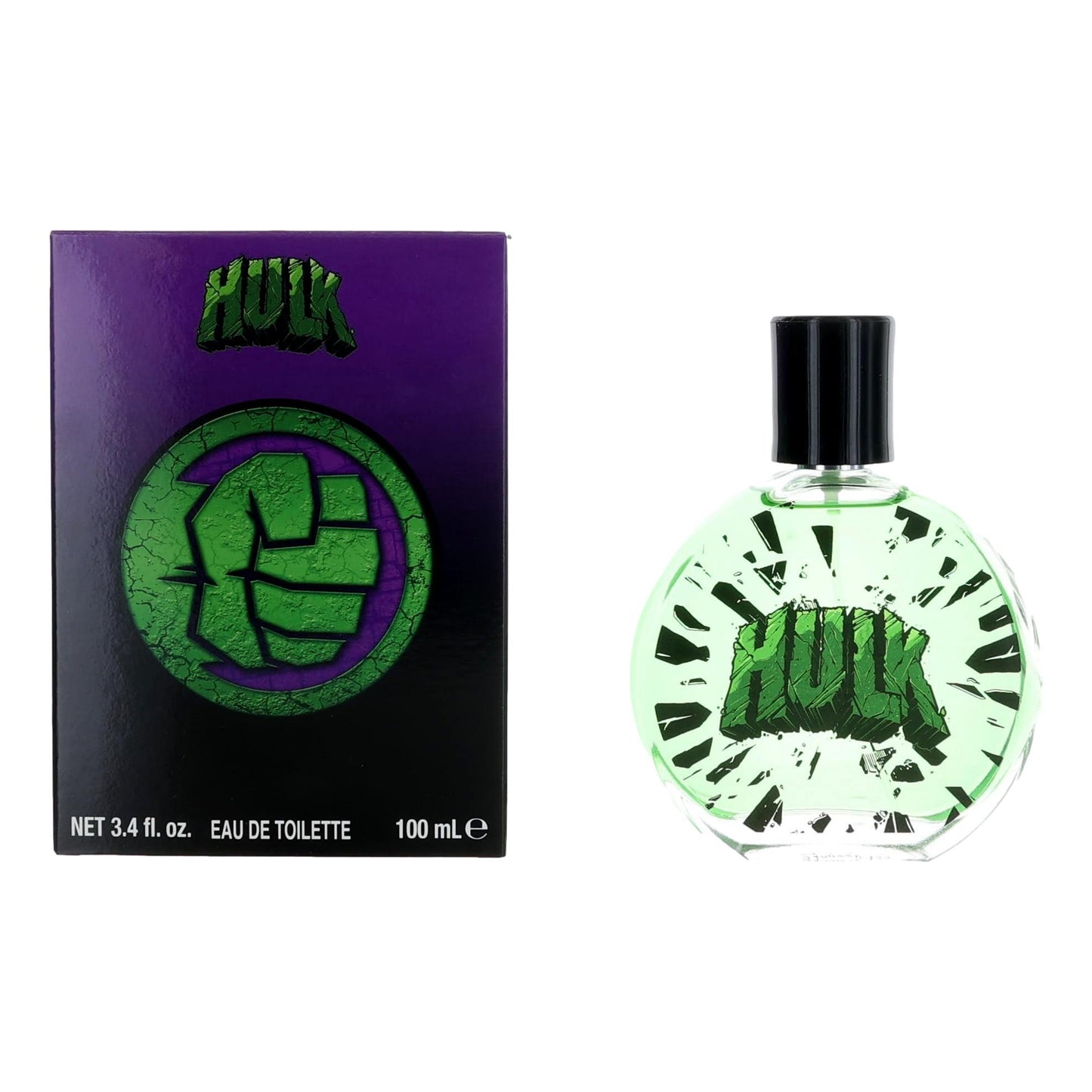 Kids eau de toilette spray set with Hulk-themed box, green bottle, black cap