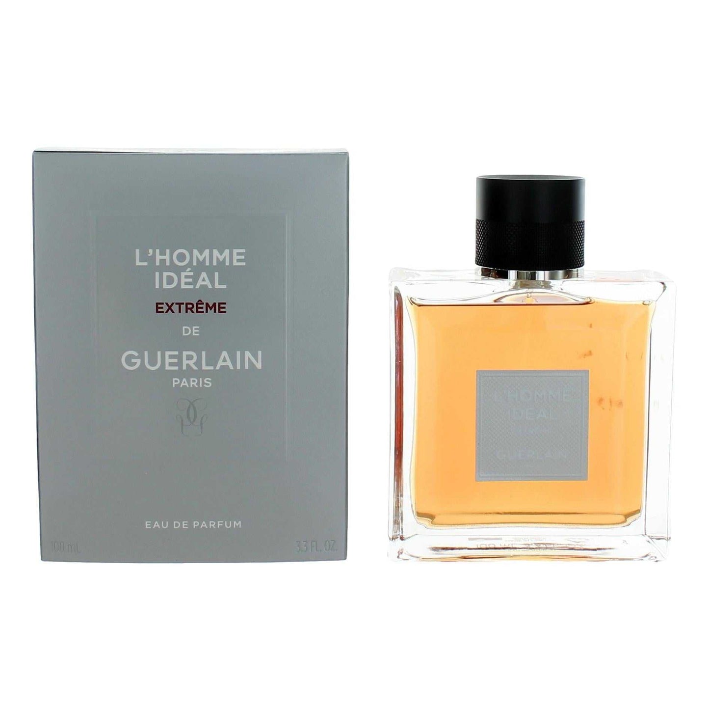 Men's Eau de Parfum spray bottle with black cap and matching box, by Guerlain