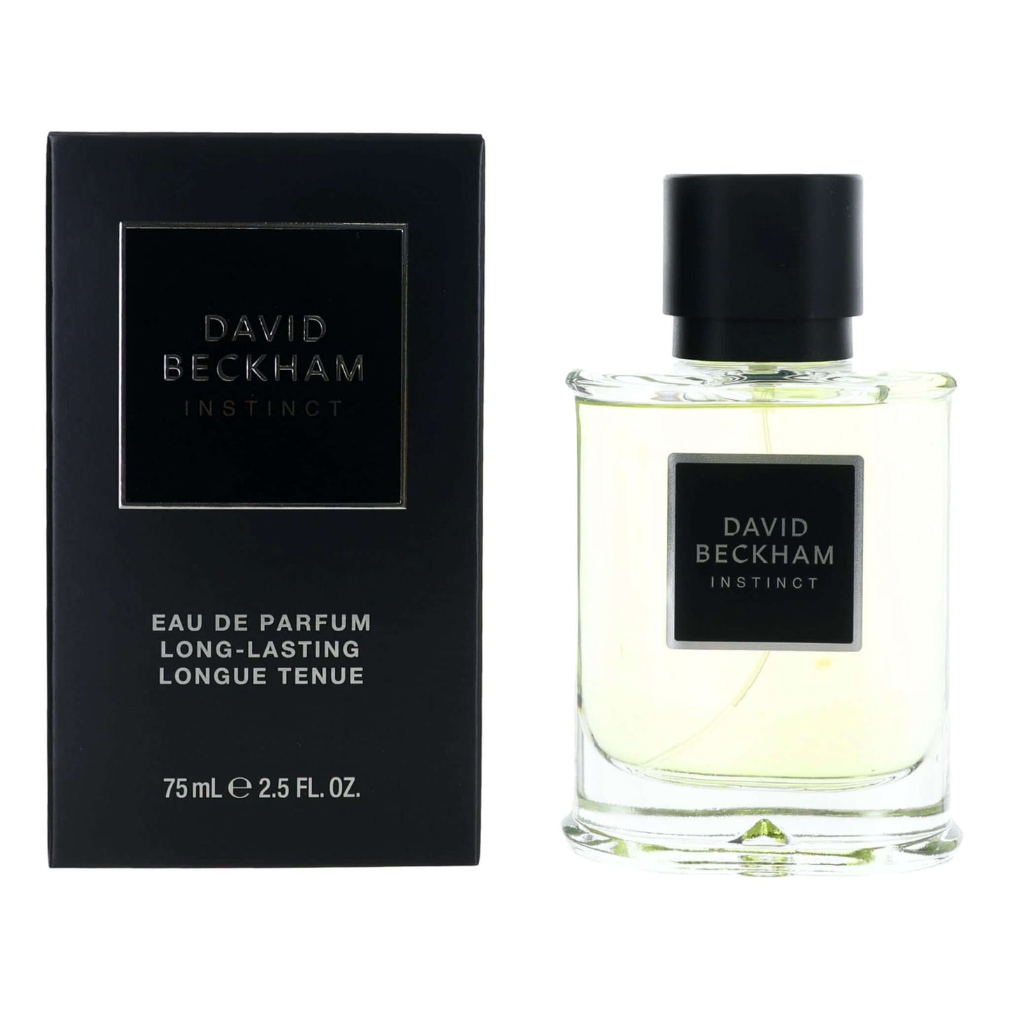 Instinct by David Beckham, 2.5 oz EDP Spray for Men bottle and box, showcasing its vibrant scent and luxurious design.
