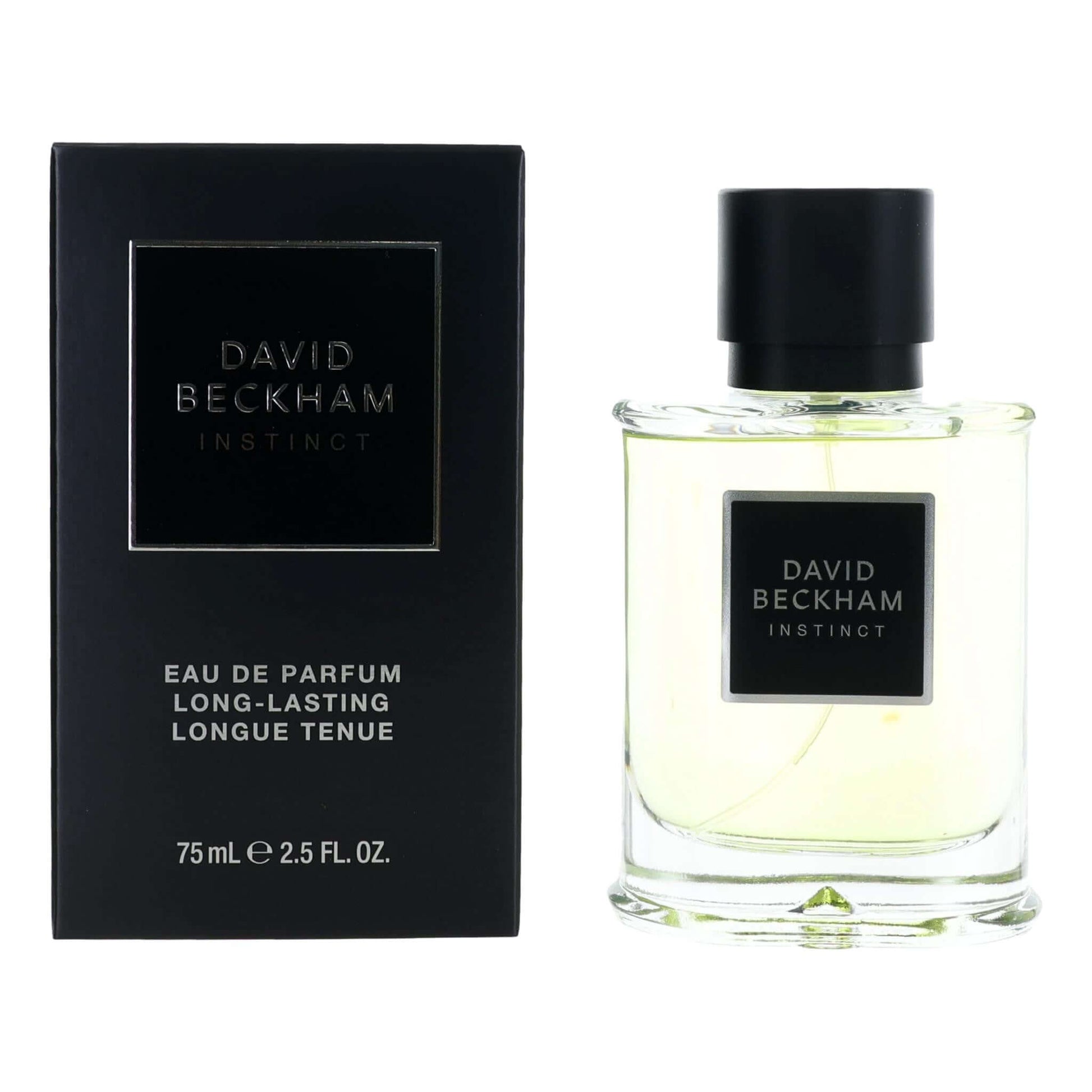 Instinct by David Beckham, 2.5 oz EDP Spray for Men bottle and box, showcasing its vibrant scent and luxurious design.