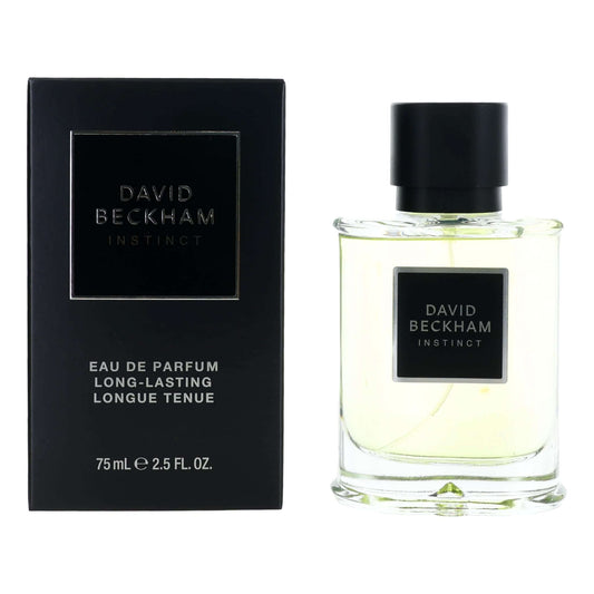 Instinct by David Beckham, 2.5 oz EDP Spray for Men bottle and box, showcasing its vibrant scent and luxurious design.
