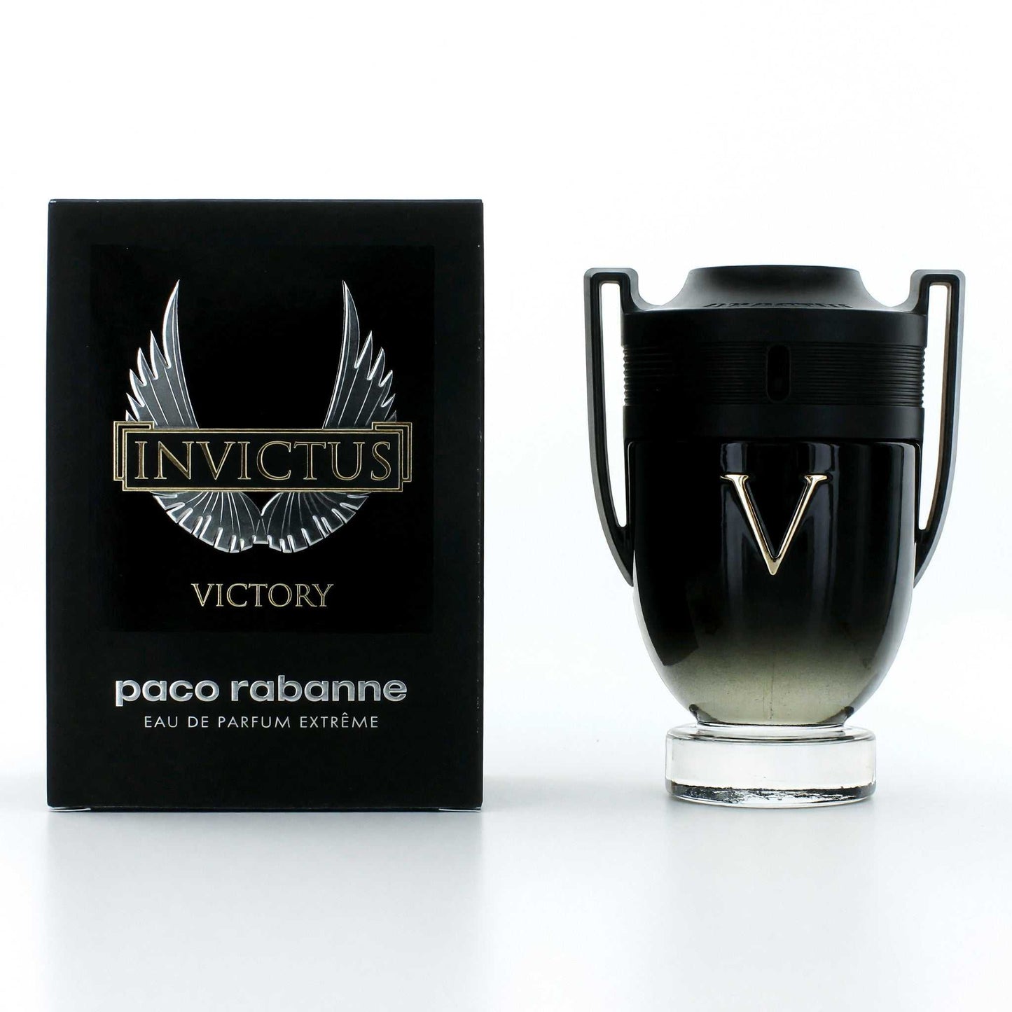 Paco Rabanne Invictus Victory EDP spray: black box with gold logo and black bottle with V