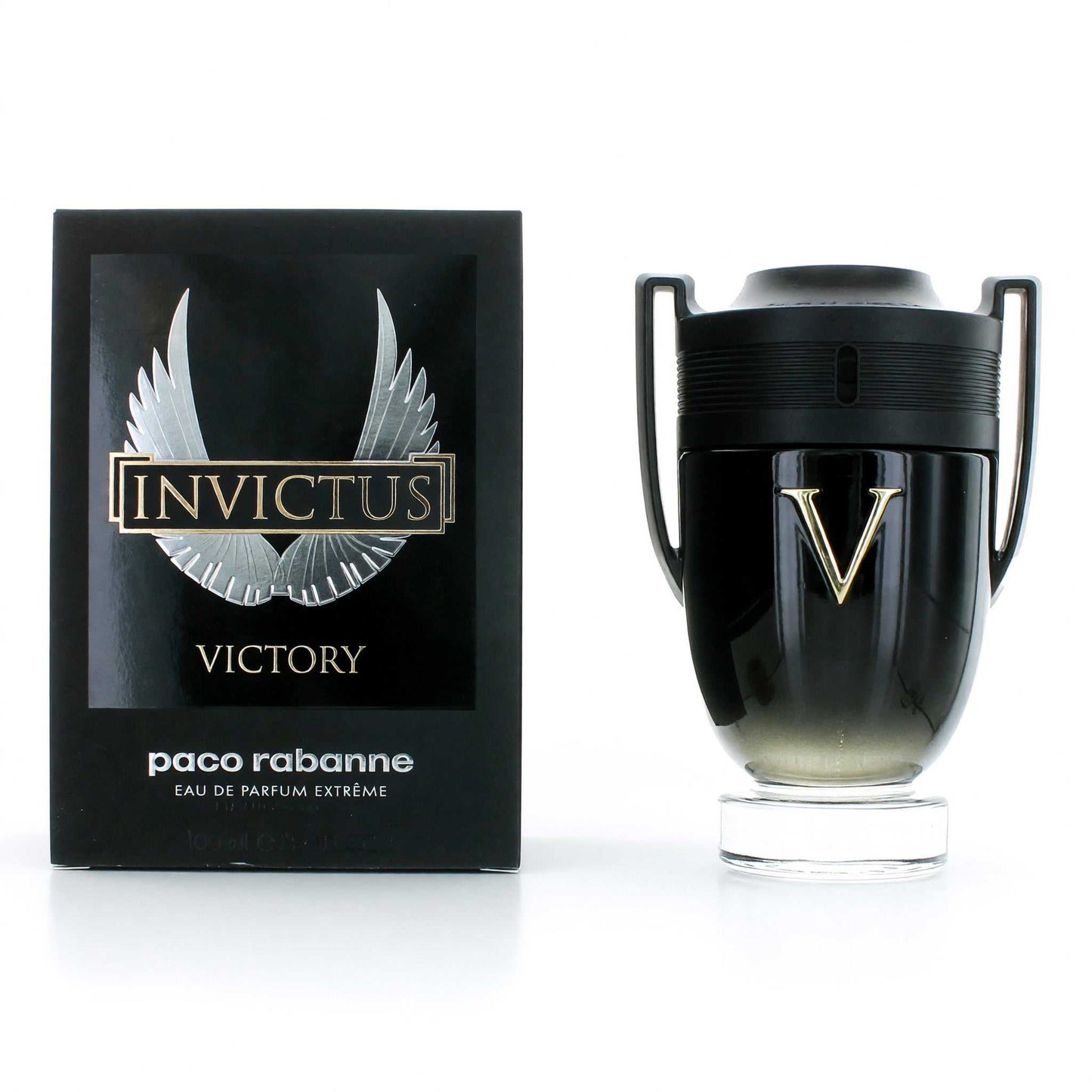 Men’s EDP spray bottle with black trophy-style cap and glass base, plus Invictus Victory box