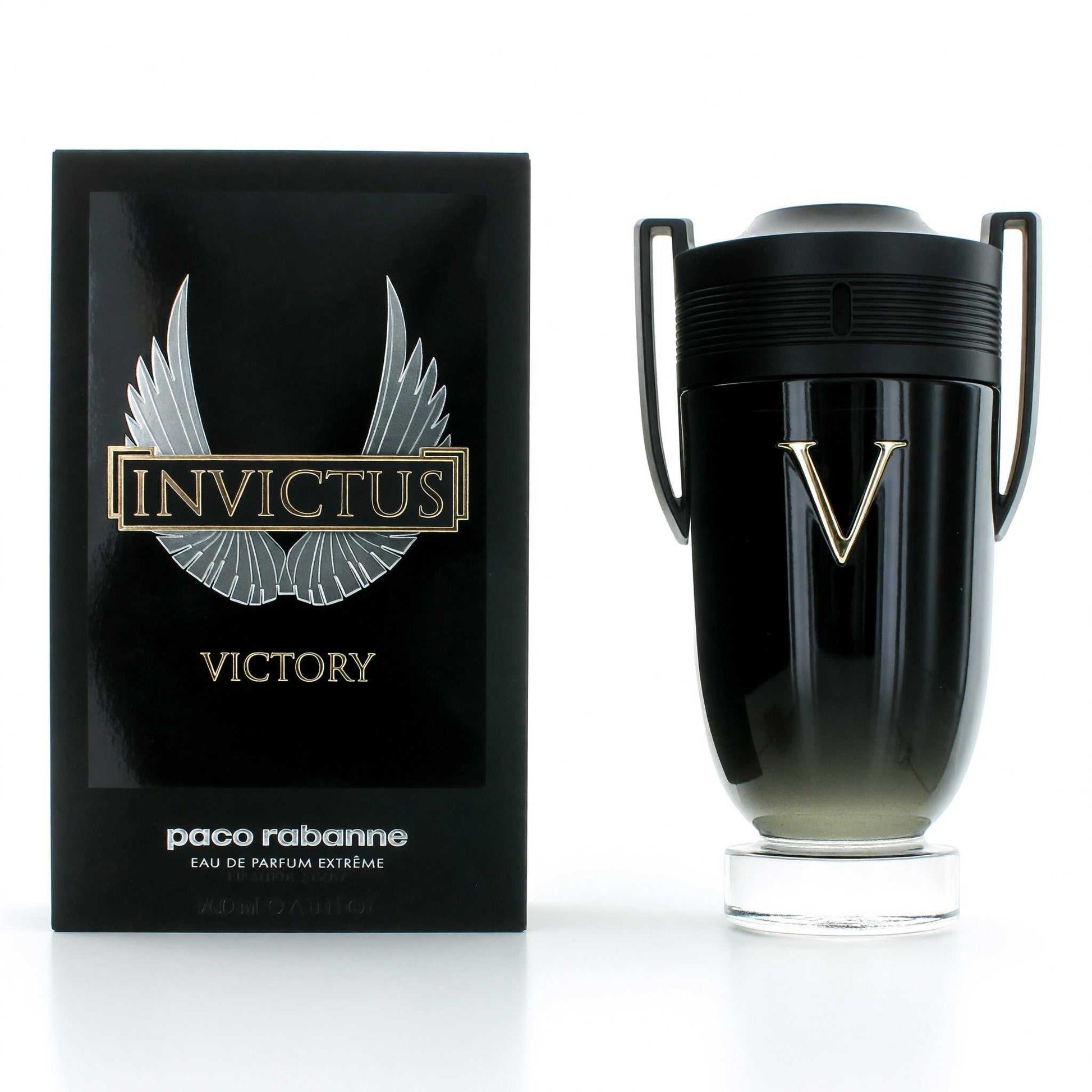 Men's Invictus Victory Extreme EDP spray, black bottle with 'V' emblem and box