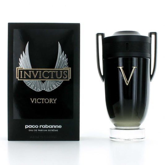 Men's Invictus Victory Extreme EDP spray, black bottle with 'V' emblem and box