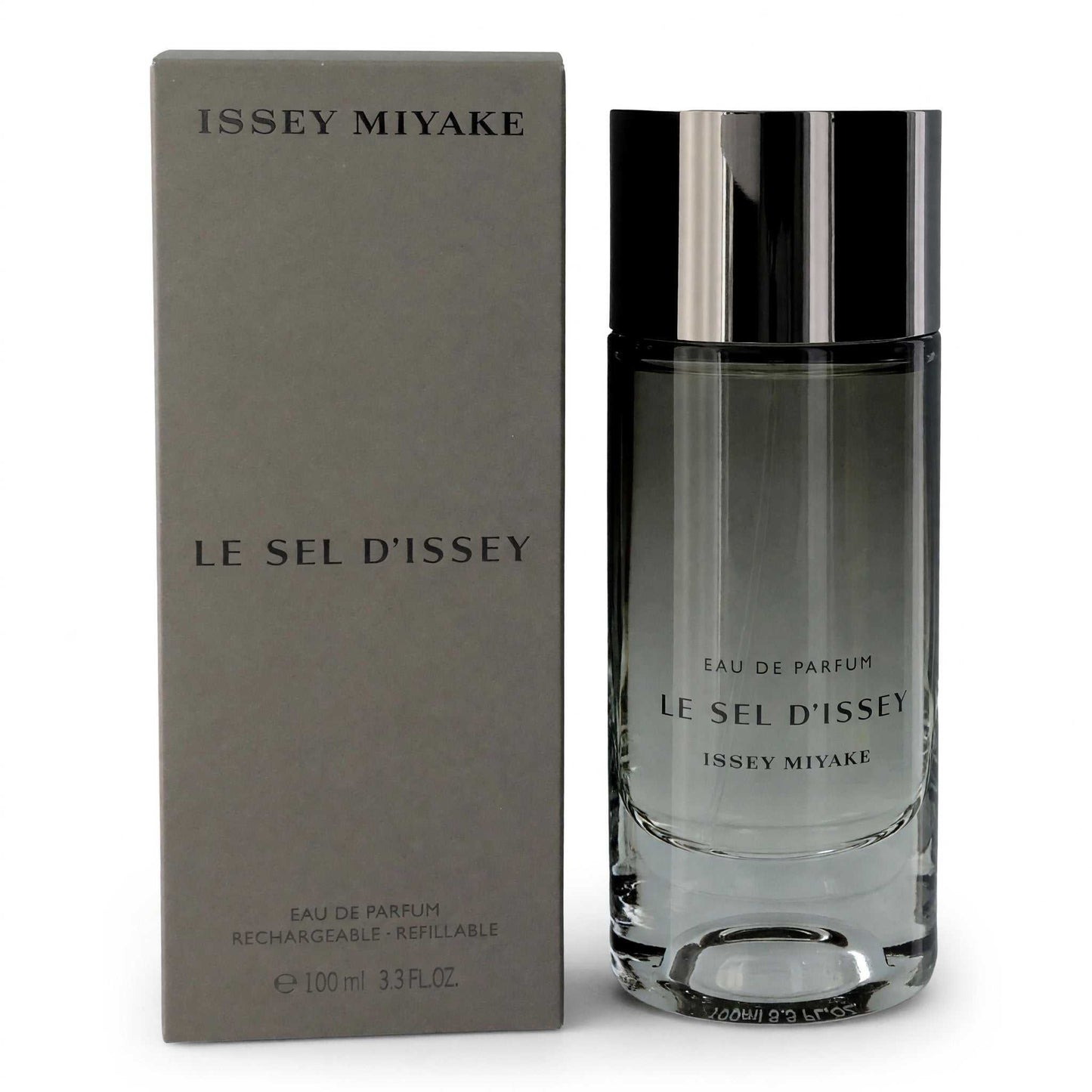 Men's eau de parfum spray, clear glass bottle with silver cap and gray box.