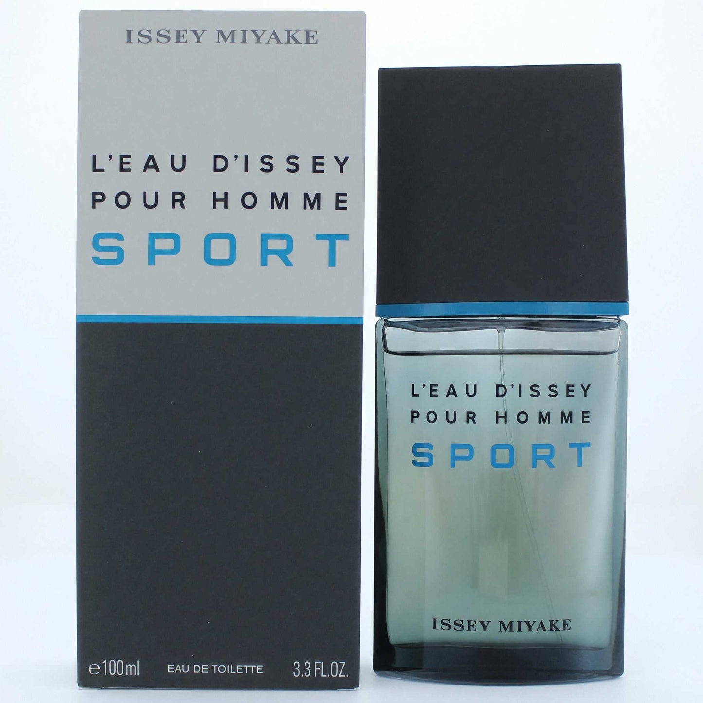 Men’s EDT spray bottle with blue “SPORT” label and black cap, 3.3 fl oz