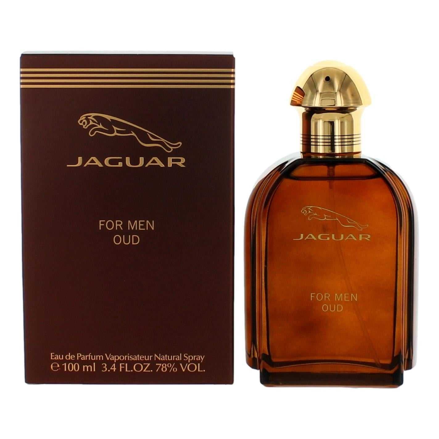Men's oud eau de parfum spray in amber glass bottle with gold cap and Jaguar label