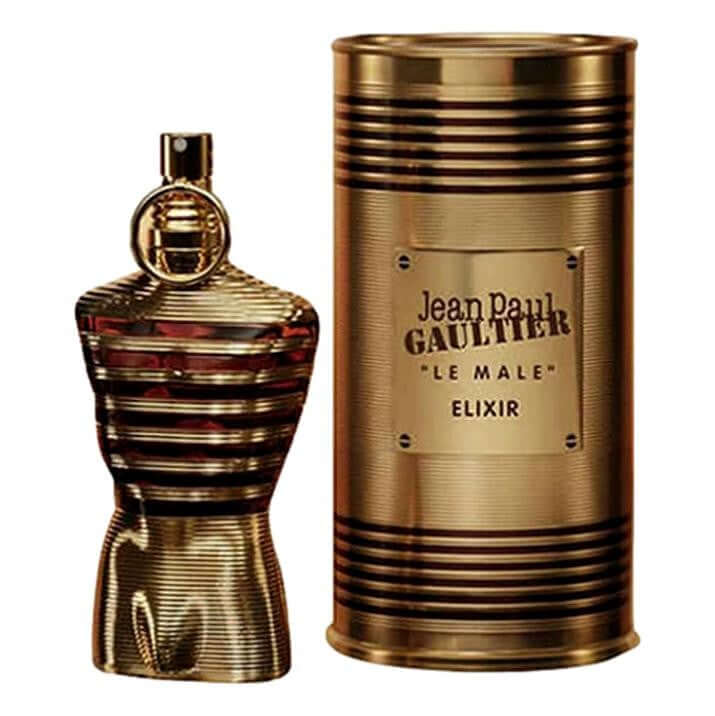 Men's perfume spray bottle and cylindrical container in gold with dark horizontal stripes