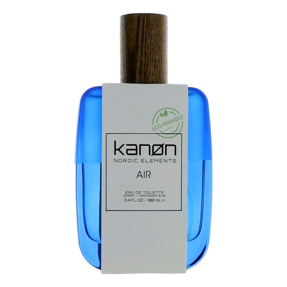 Blue EDT spray bottle with wooden cap and Kanon Nordic Elements Air label