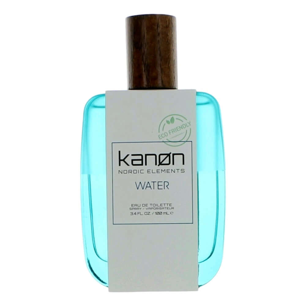Kanon Water EDT spray bottle, blue translucent glass and square paper label