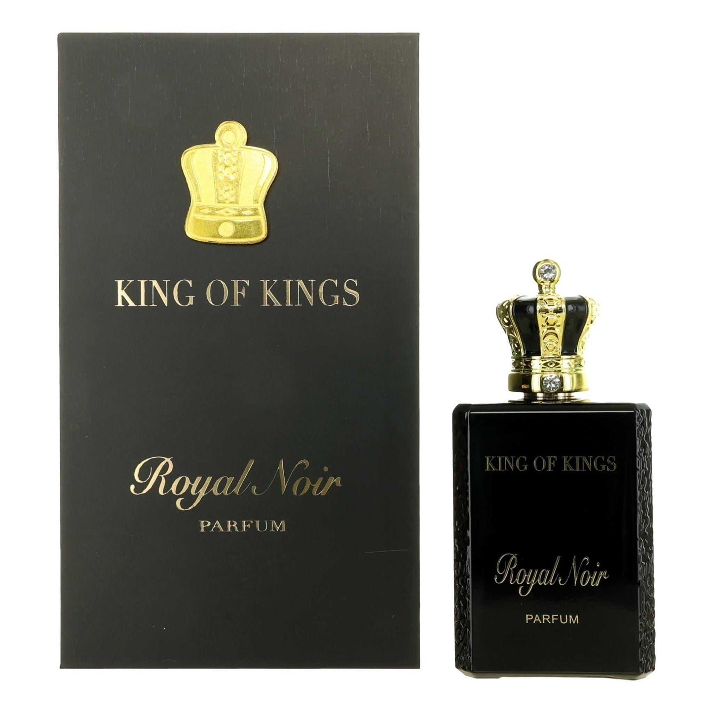 Perfume spray bottle and box set, Royal Noir fragrance, dark glass bottle with crown logo