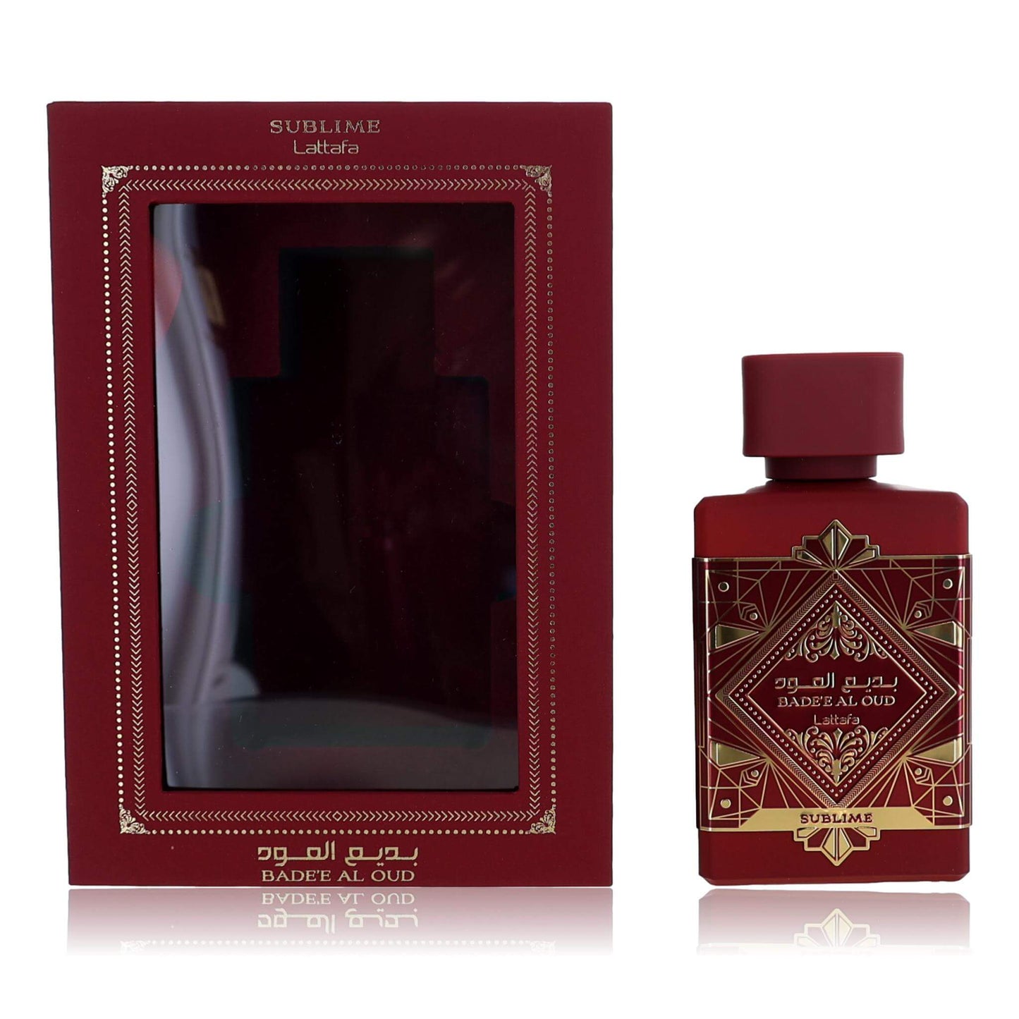 Lattafa Bade'e Al Oud Sublime EDP spray bottle, burgundy with gold decorative label
