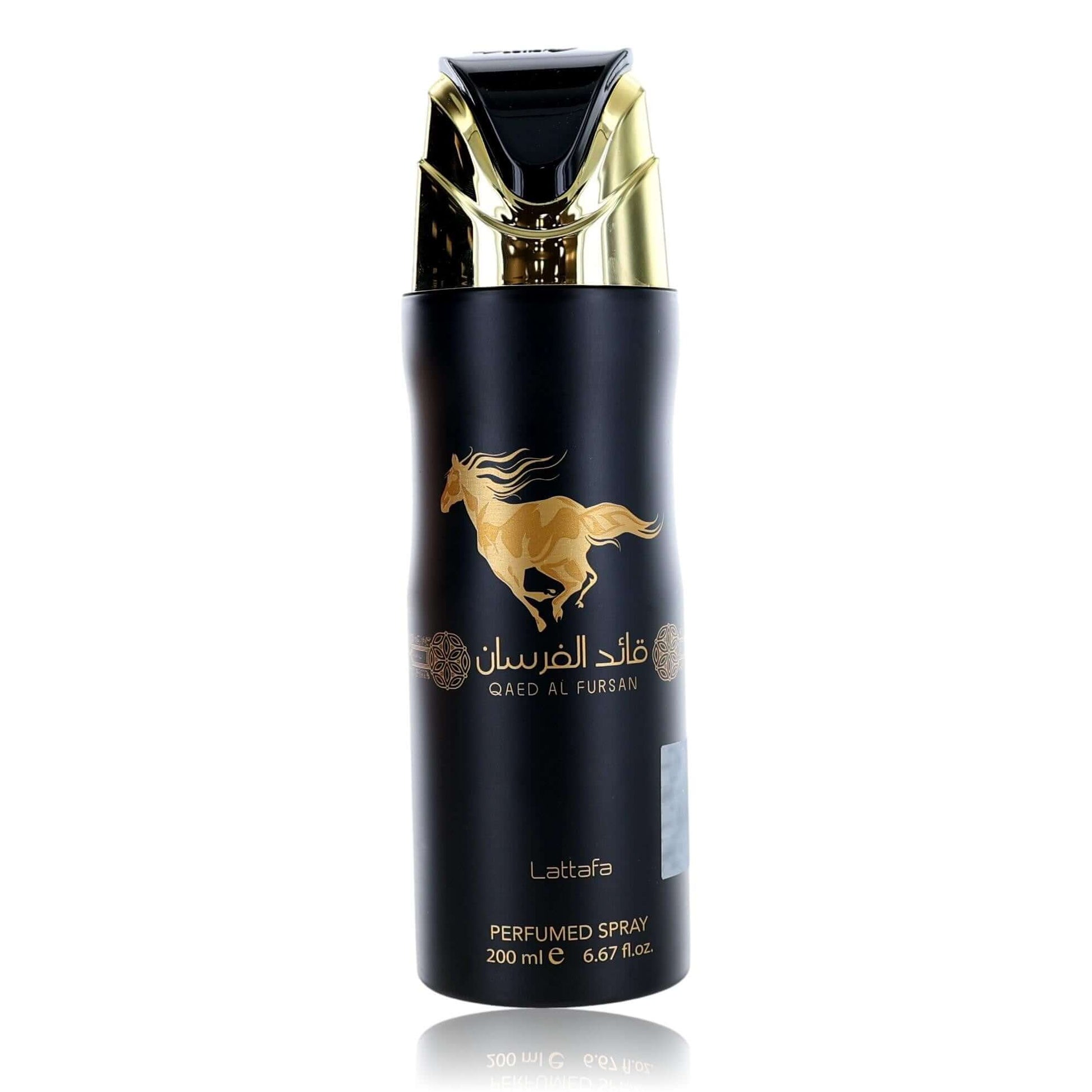 Perfumed deodorant spray bottle, black with gold cap and horse emblem; Lattafa