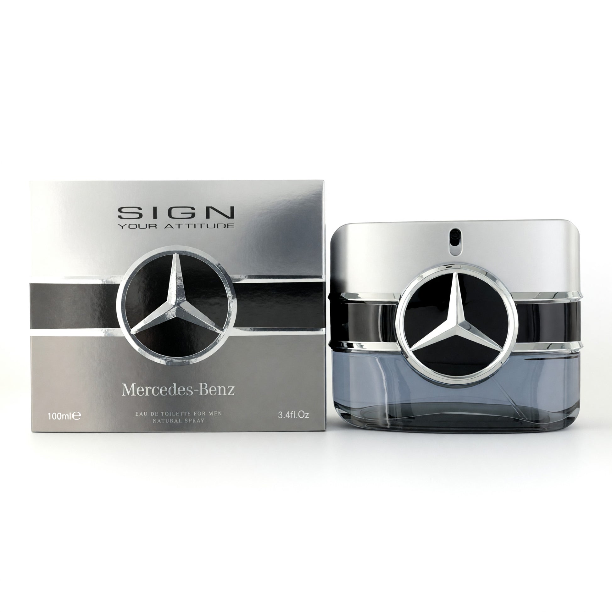 Men's Mercedes-Benz EDT spray bottle, silver cap and black glass with logo