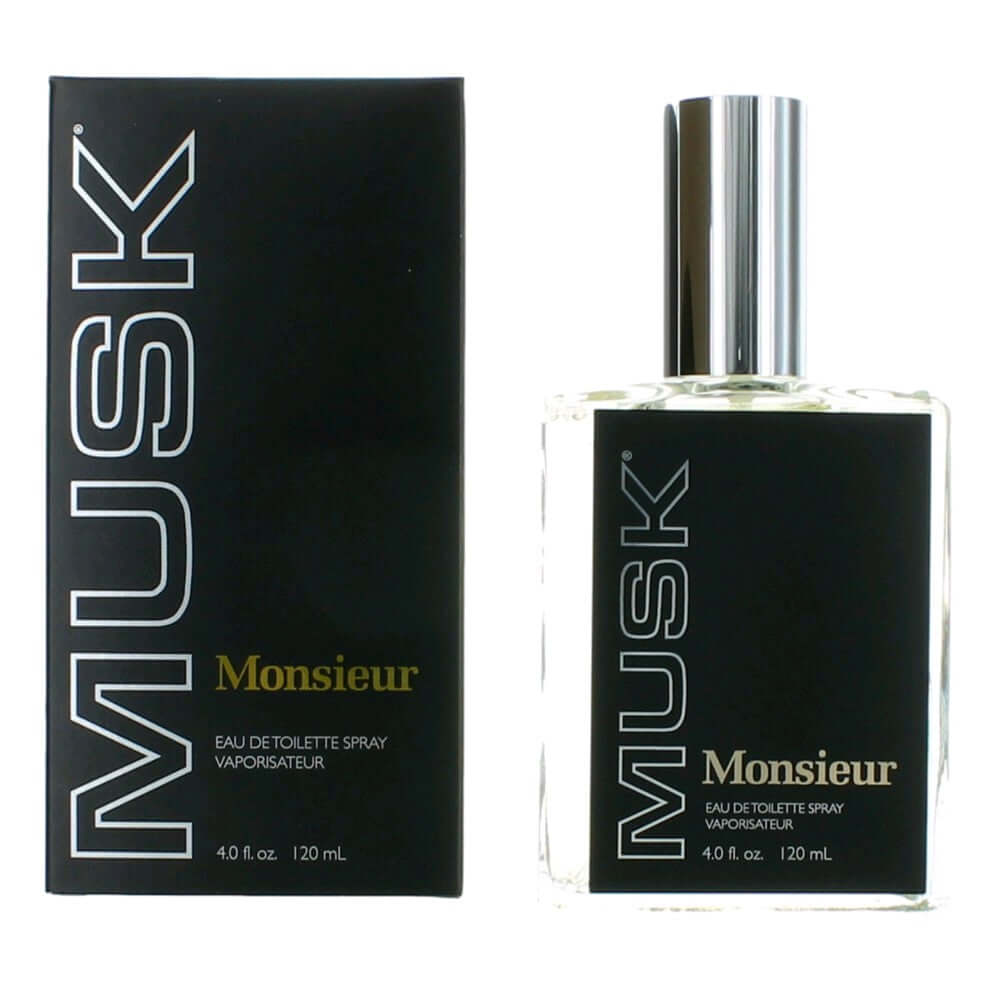Monsieur Musk EDT spray set with black box and clear bottle, 4.0 fl oz