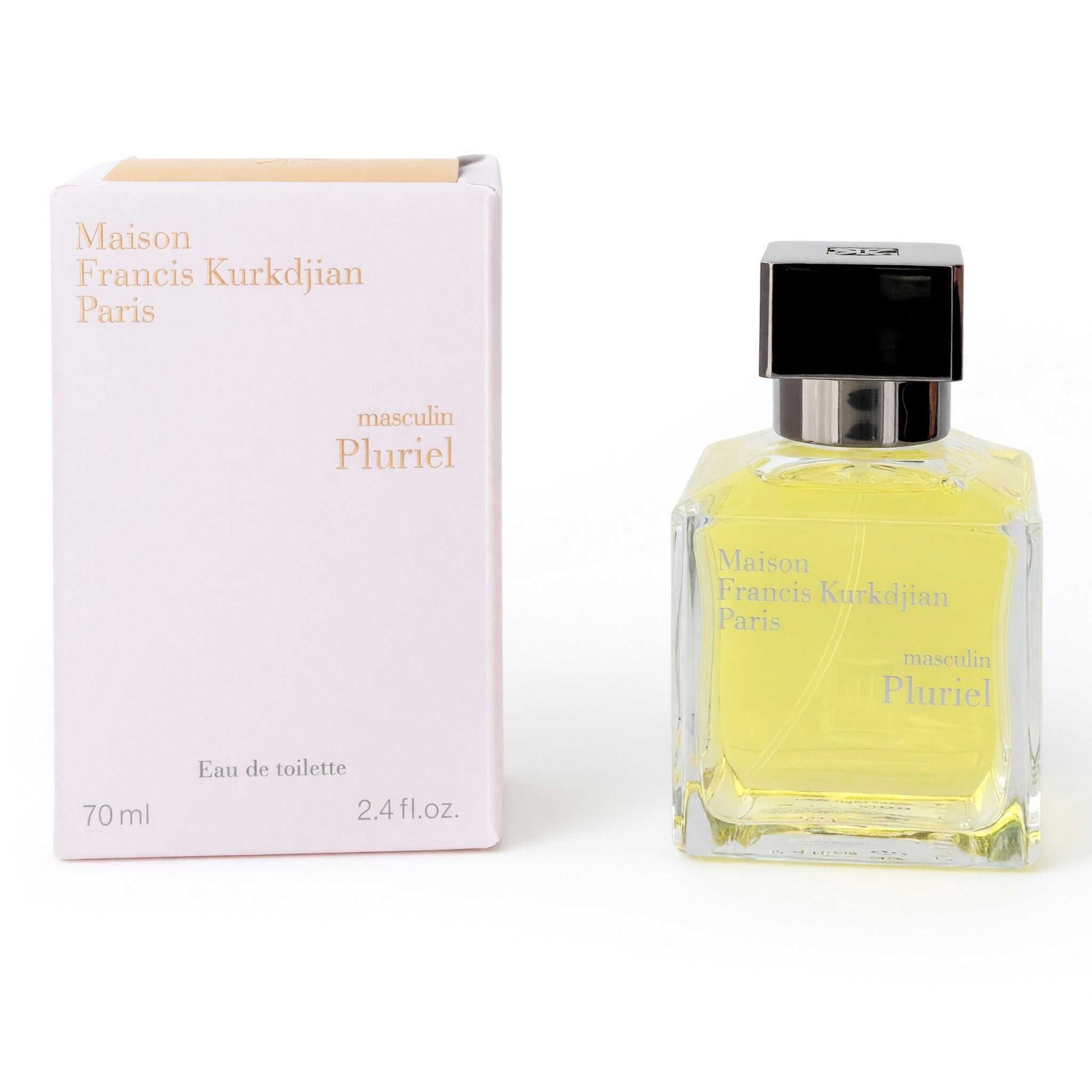 Men's Eau de Toilette spray, Masculin Pluriel bottle with black cap and pale yellow liquid.