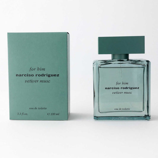 Men's Vetiver Musc EDT spray bottle with dark green cap, shown with matching box.