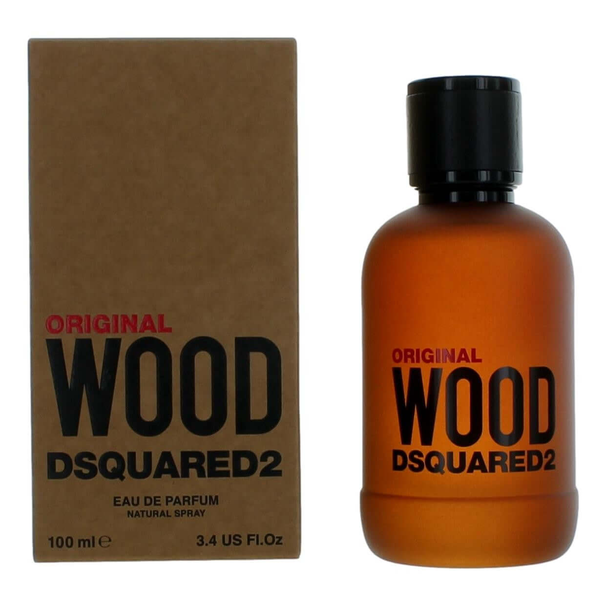 Amber eau de parfum spray bottle with black cap; ORIGINAL WOOD DSQUARED2 label, in box