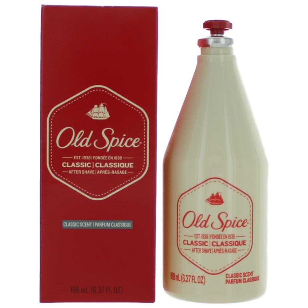 Men's after shave splash bottle with Old Spice Classic box, red cap and label