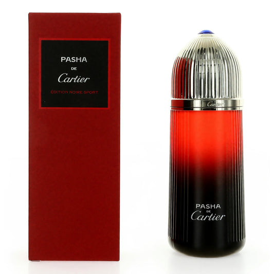 Men's EDT spray bottle with black and red gradient, silver cap, in red box