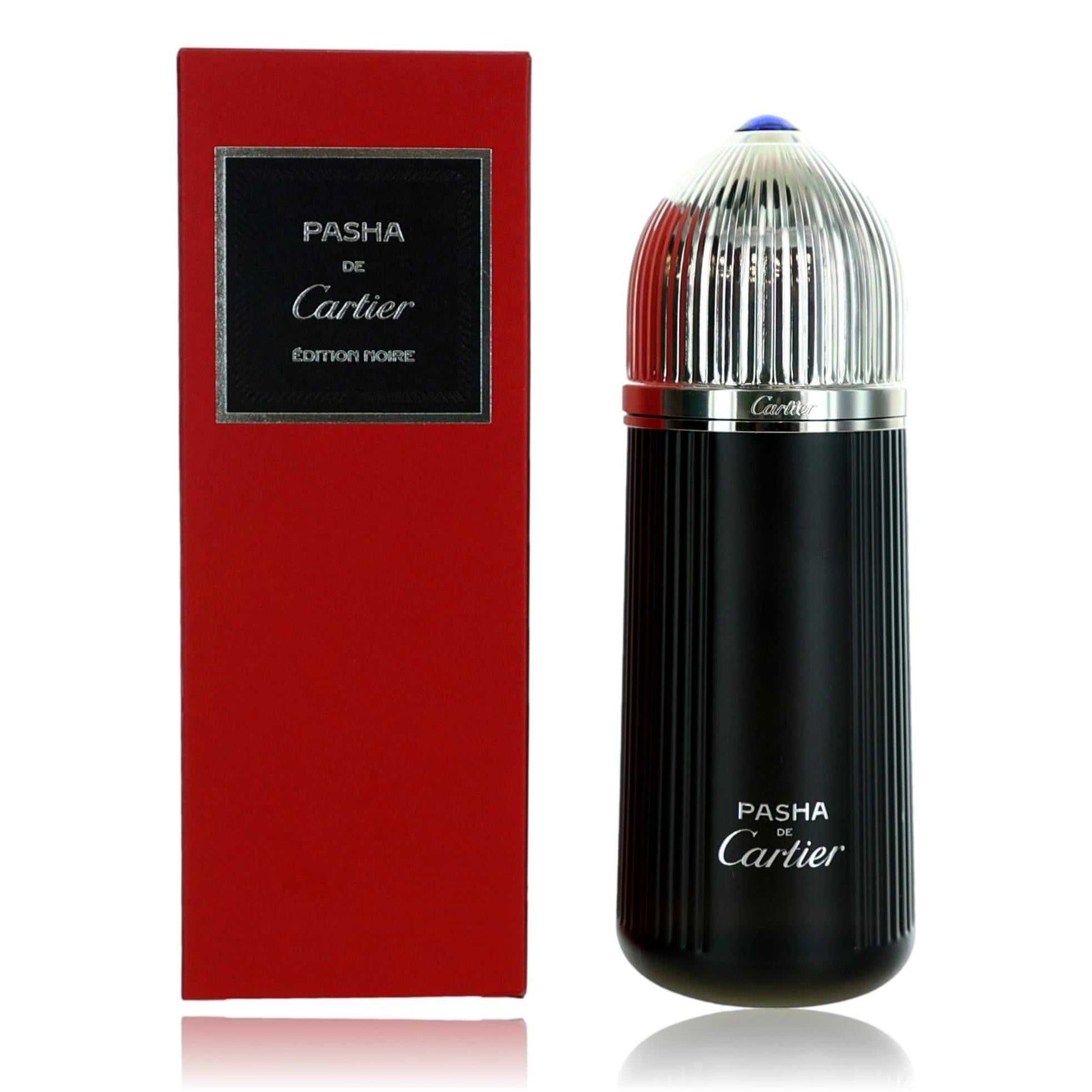 Men's Cartier Pasha Noire EDT spray bottle with chrome cap and dark glass; boxed