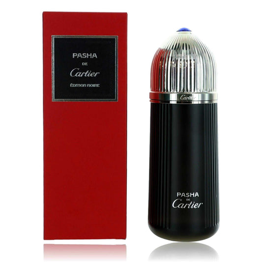 Men's Cartier Pasha Noire EDT spray bottle with chrome cap and dark glass; boxed