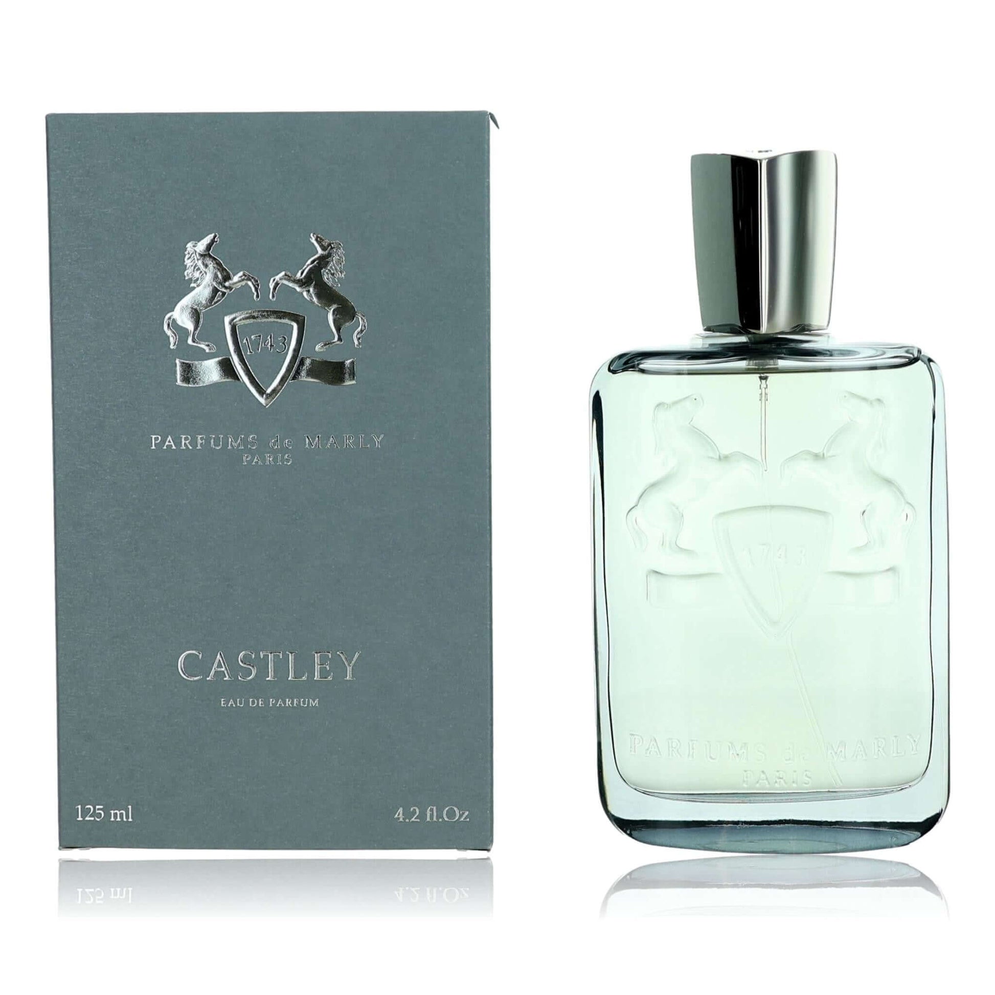 Perfume bottle and packaging of Castley with a silver cap on a white background
