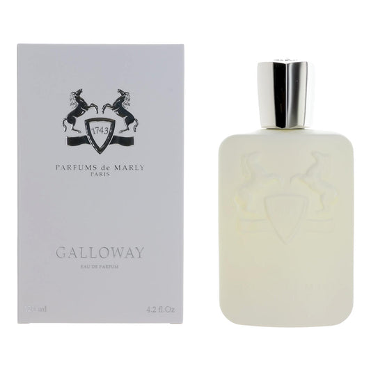 Galloway EDP spray bottle with frosted glass body and silver cap; boxed set