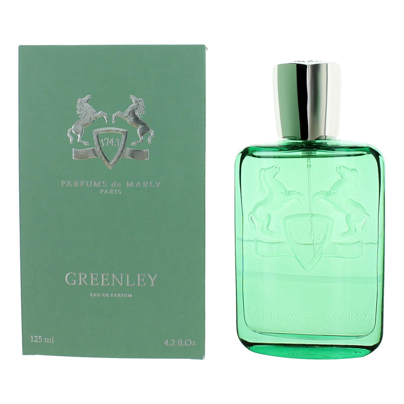 Greenley eau de parfum spray, green glass bottle with chrome cap and box