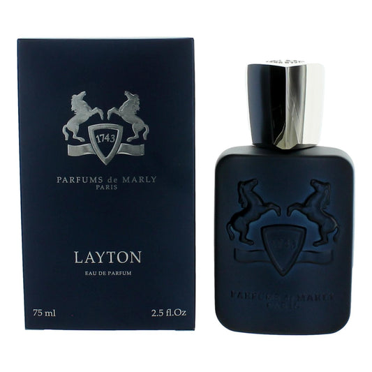 Men's eau de parfum spray: dark blue bottle with silver cap and embossed crest